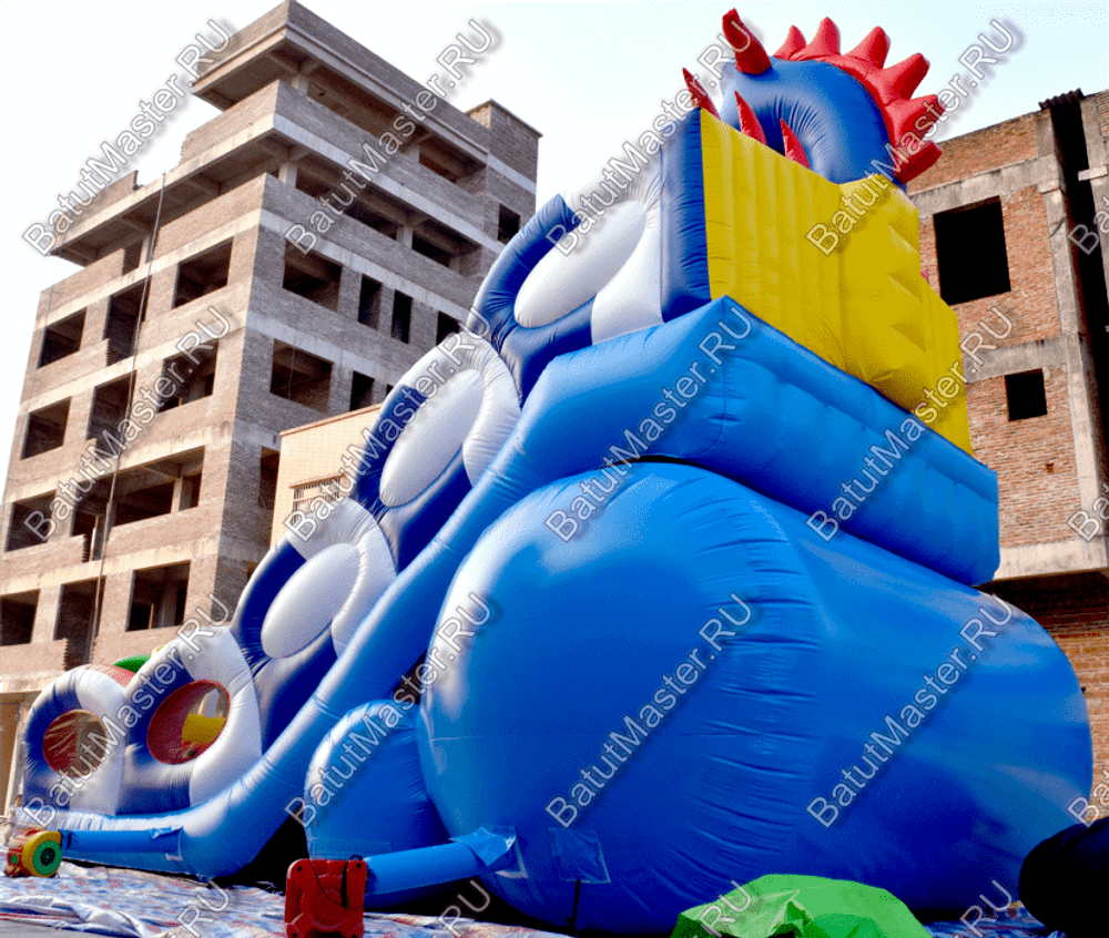 Коммерческий надувной батут-горка "Дракон" 10*5*8 м,без шипов сине-белый