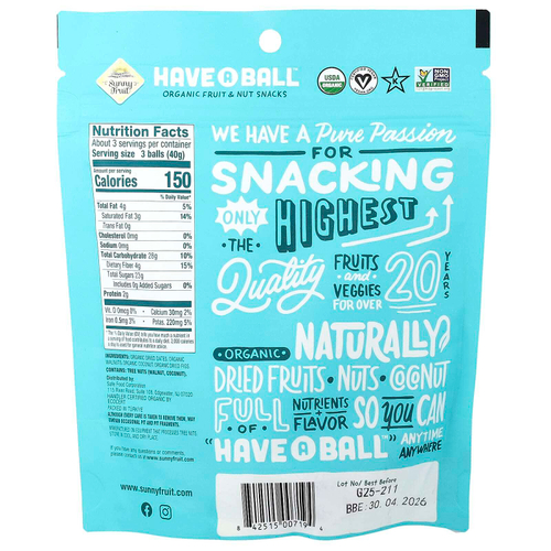 Sunny Fruit, have A Ball™, органические снеки с фруктами и орехами, инжир и грецкий орех, 126 г (4,4 унции)