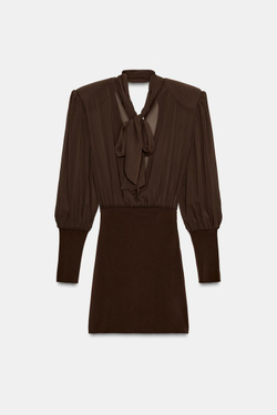 ZARA КОРОТКОЕ КОМБИНИРОВАННОЕ ПЛАТЬЕ, КОРИЧНЕВЫЙ