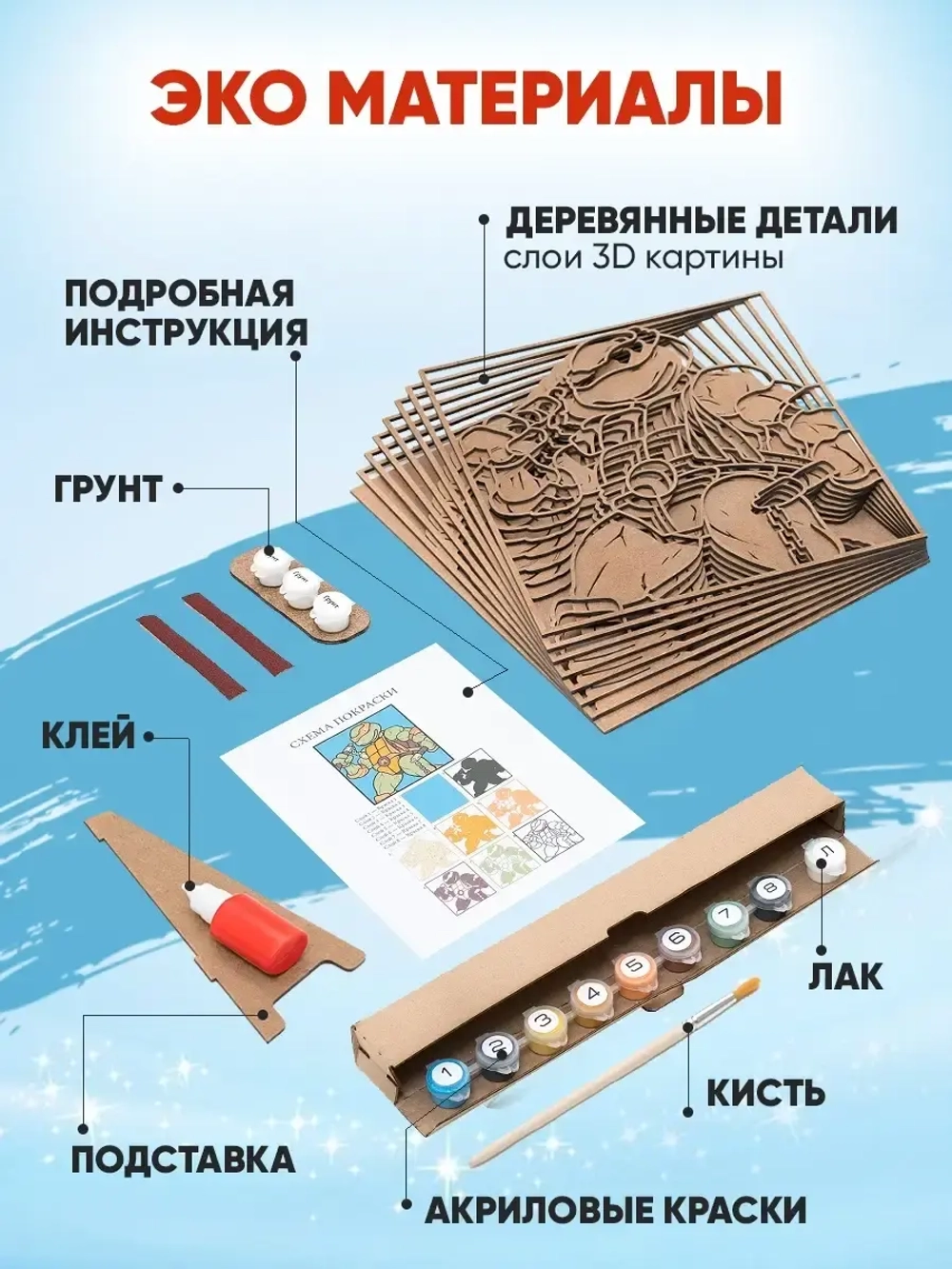 3D Картина по номерам Микеланджело, черепашки-ниндзя