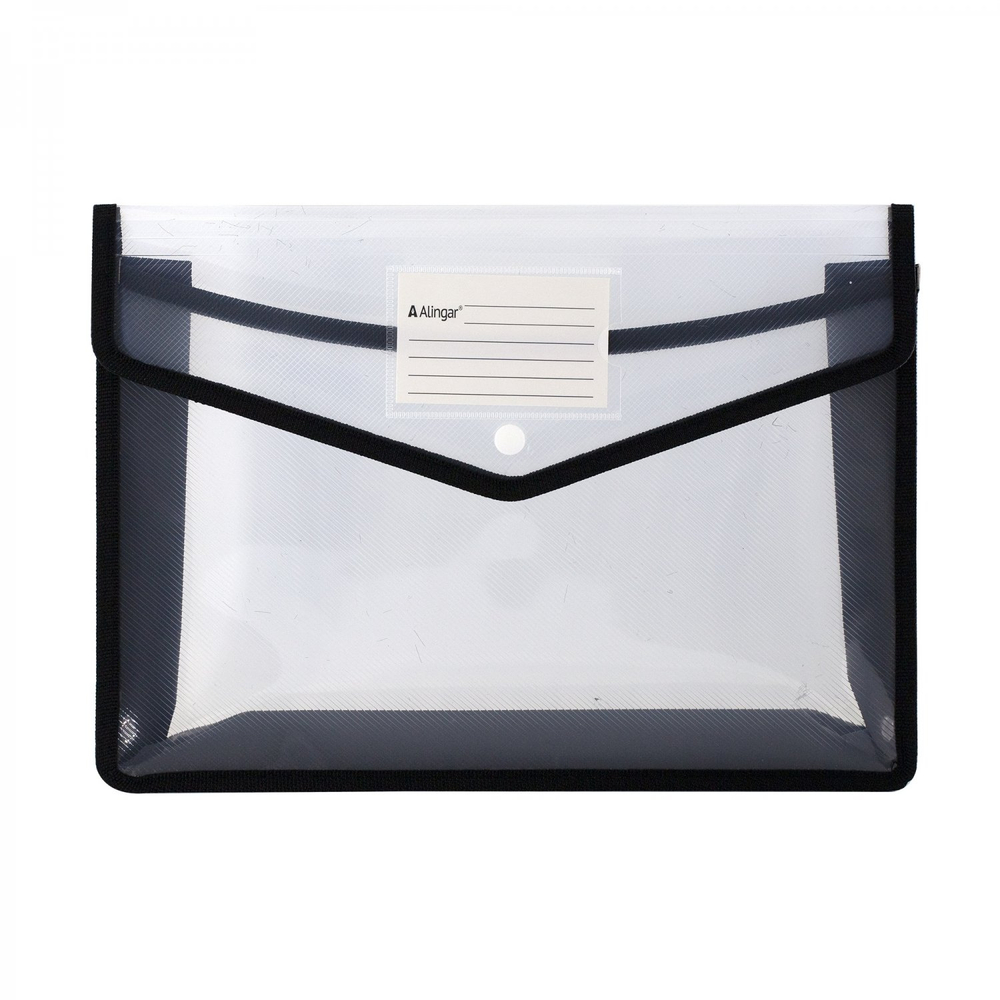 Папка-конверт на кнопке Alingar, A4, 250х330х75 мм, горизонтальная, 450 мкм, карман для визитки, ассорти, прозрачная