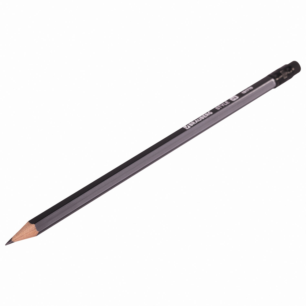 Карандаш чернографитный BRAUBERG "Style", 1 шт., HB, с ластиком, корпус черно-серый, 181717