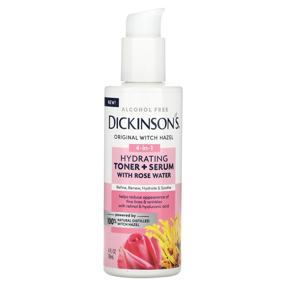 Dickinson Brands, Original Witch Hazel, увлажняющий тоник 4 в 1 и сыворотка с розовой водой, без спирта, 118 мл (4 жидк. унц.)