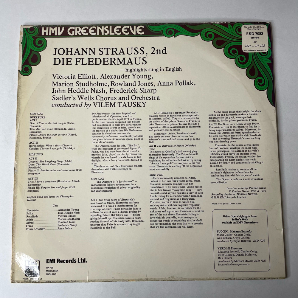 Винтажная виниловая пластинка LP Sadler's Wells Chorus And Orchestra, Vilem Tausky, Johann Strauss Штраус Die Fledermaus Летучая Мышь (Англия 1979)