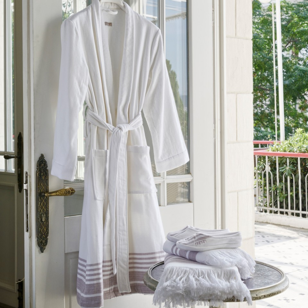 Халат женский Hamam Marine Striped белый с синим Турция детали