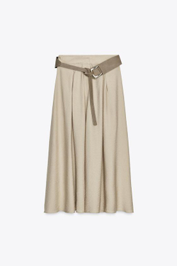 ZARA ЮБКА-ТРАПЕЦИЯ В СТИЛЕ РУСТИК С ПОЯСОМ, СВЕТЛО-БЕЖЕВЫЙ