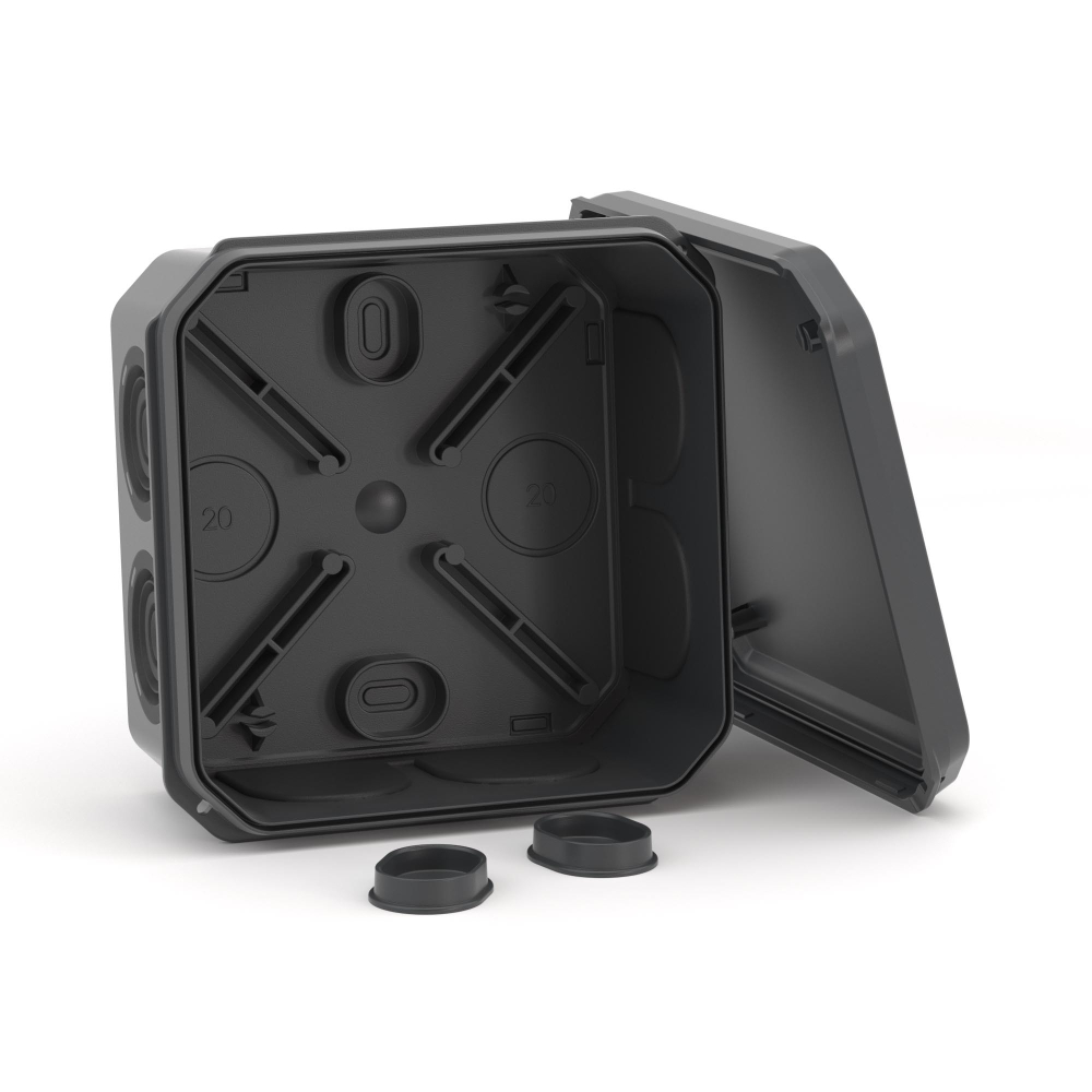 Коробка ответвительная с 8+2 кабельными вводами д.20/20мм,IP55,85х85х40мм, черный