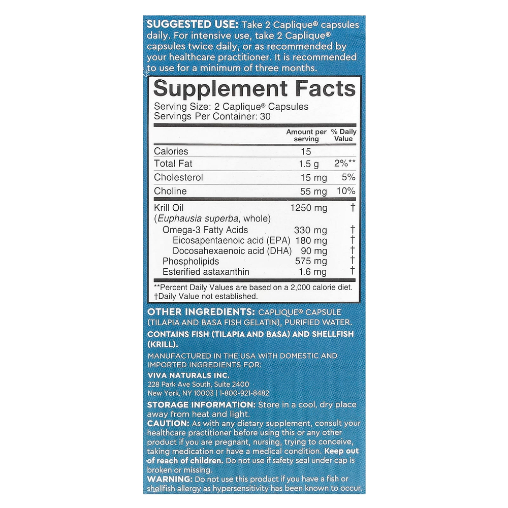 Viva Naturals, масло антарктического криля с астаксантином, 60 капсул Caplique