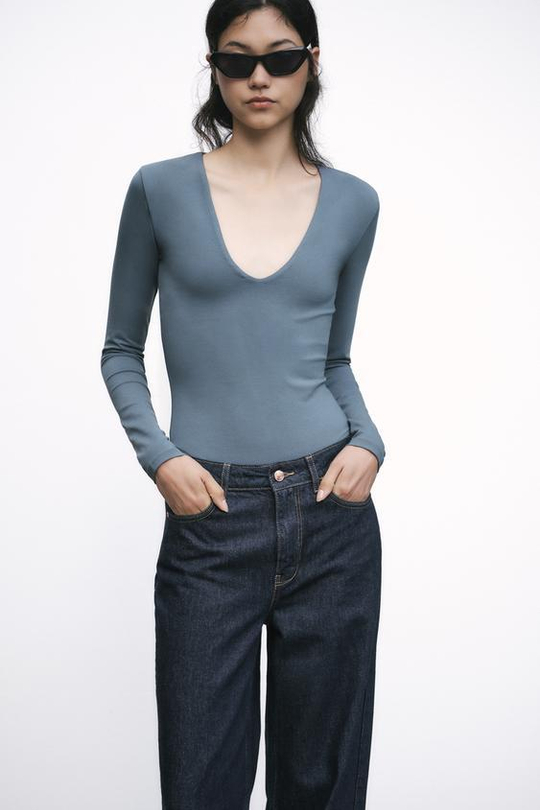 ZARA ХЛОПКОВОЕ БОДИ С ДЛИННЫМИ РУКАВАМИ, СЕРО-СИНИЙ