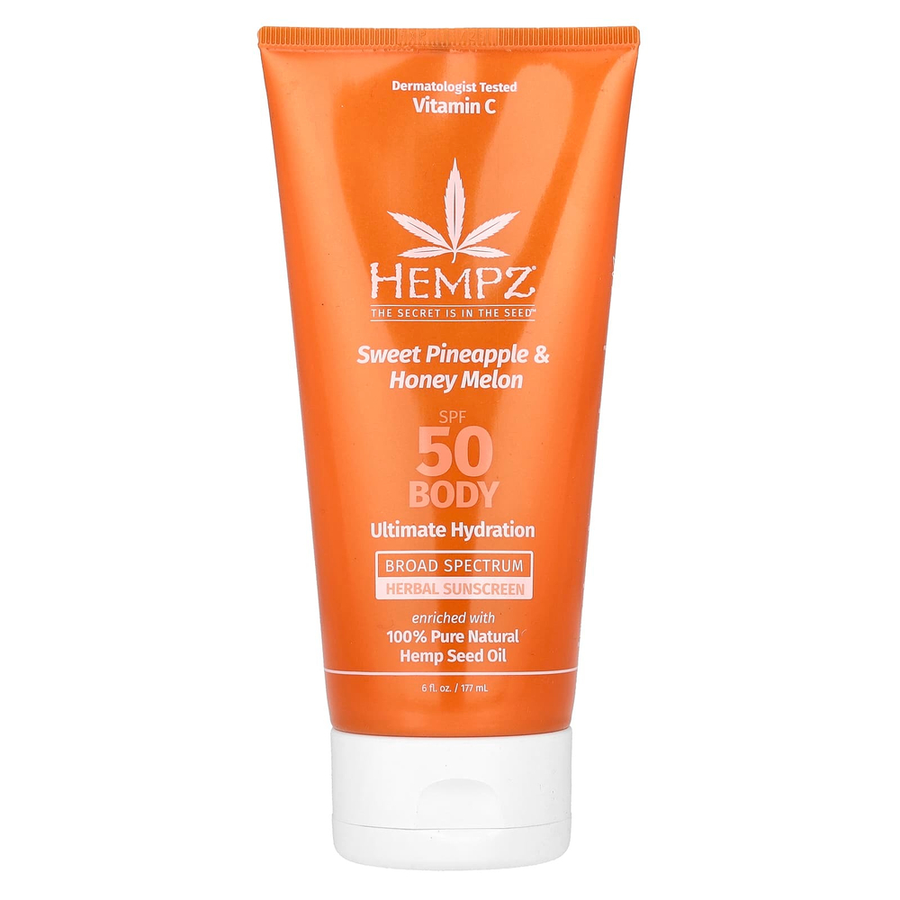 Hempz, Травяное солнцезащитное средство для тела, SPF 50, сладкий ананас и медовая дыня, 177 мл (6 жидк. унц.)