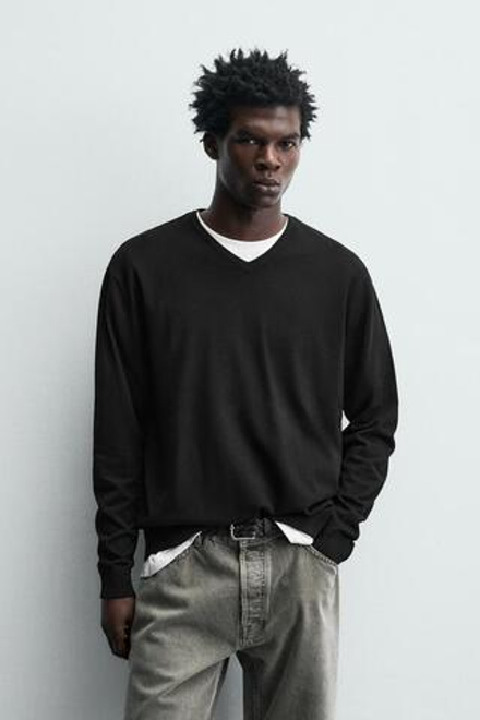 ZARA БАЗОВЫЙ ДЖЕМПЕР С V-ОБРАЗНЫМ ВЫРЕЗОМ, ЧЕРНЫЙ