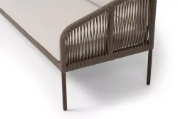 "Канны" диван 3-местный плетеный из роупа, каркас алюминий коричневый (RAL8016) муар, роуп коричневый круглый, ткань бежевая 035