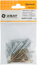 Крепление для плинтусов.Комплект: дюбель с шурупом 6х30/4х30 (фасовка 12 шт) 24891-2 ХВАТ