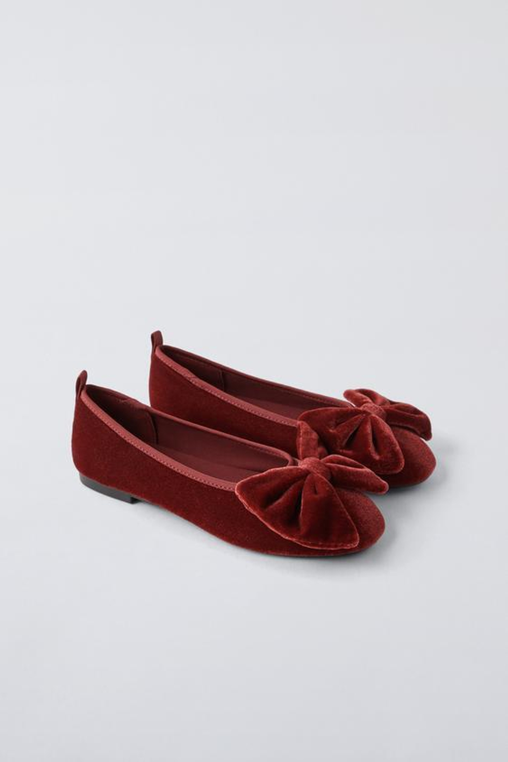 ZARA БАРХАТНЫЕ БАЛЕТКИ С БОЛЬШИМ БАНТОМ, ГРАНАТОВЫЙ