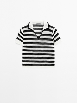 Massimo Dutti Свитер поло из смесового хлопка в полоску, черный