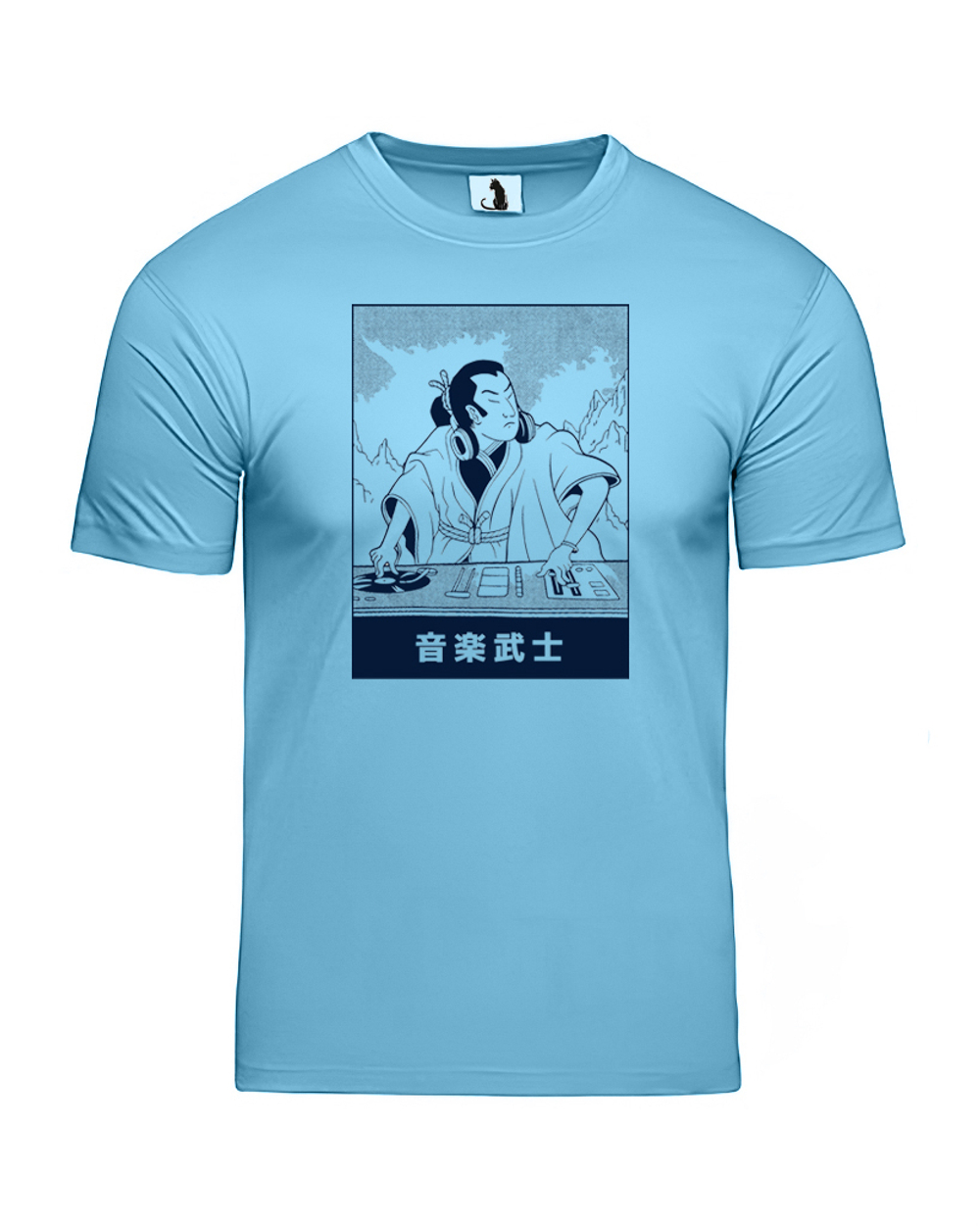 Футболка Диджей-самурай классическая прямая голубая с синим рисунком
