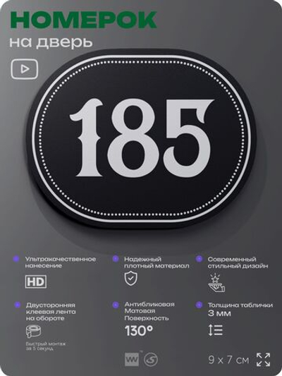 Номерок на дверь квартиры 185, для кабинета, офиса, шильдик 9 х 7 см, черный, Айдентика Технолоджи