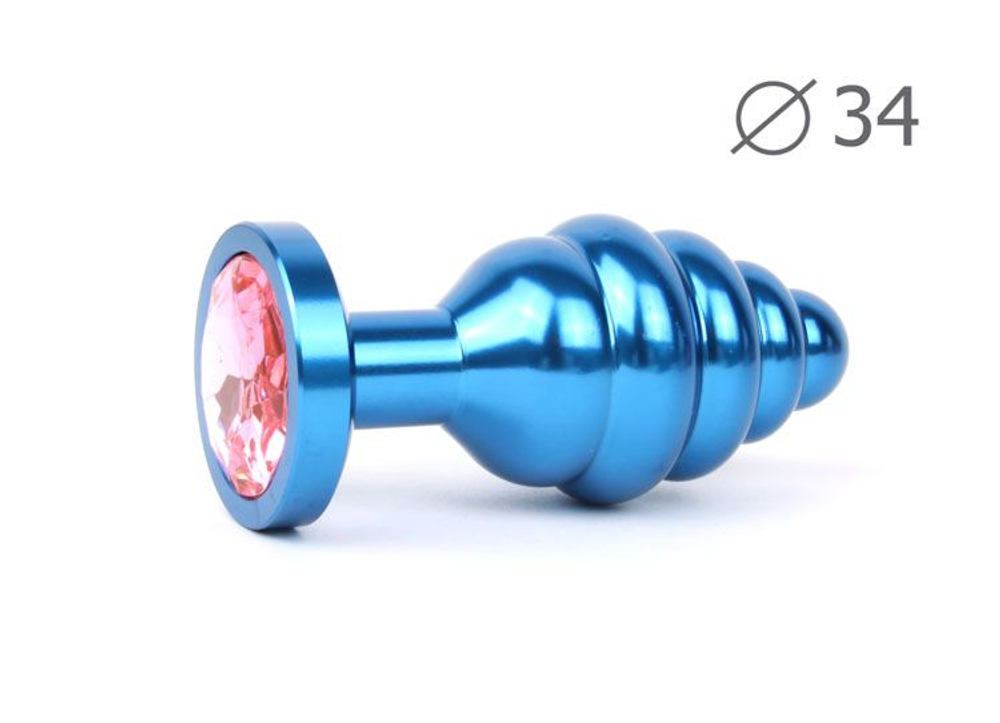 Коническая ребристая синяя анальная втулка с розовым кристаллом - 8 см. (Цвет: розовый)