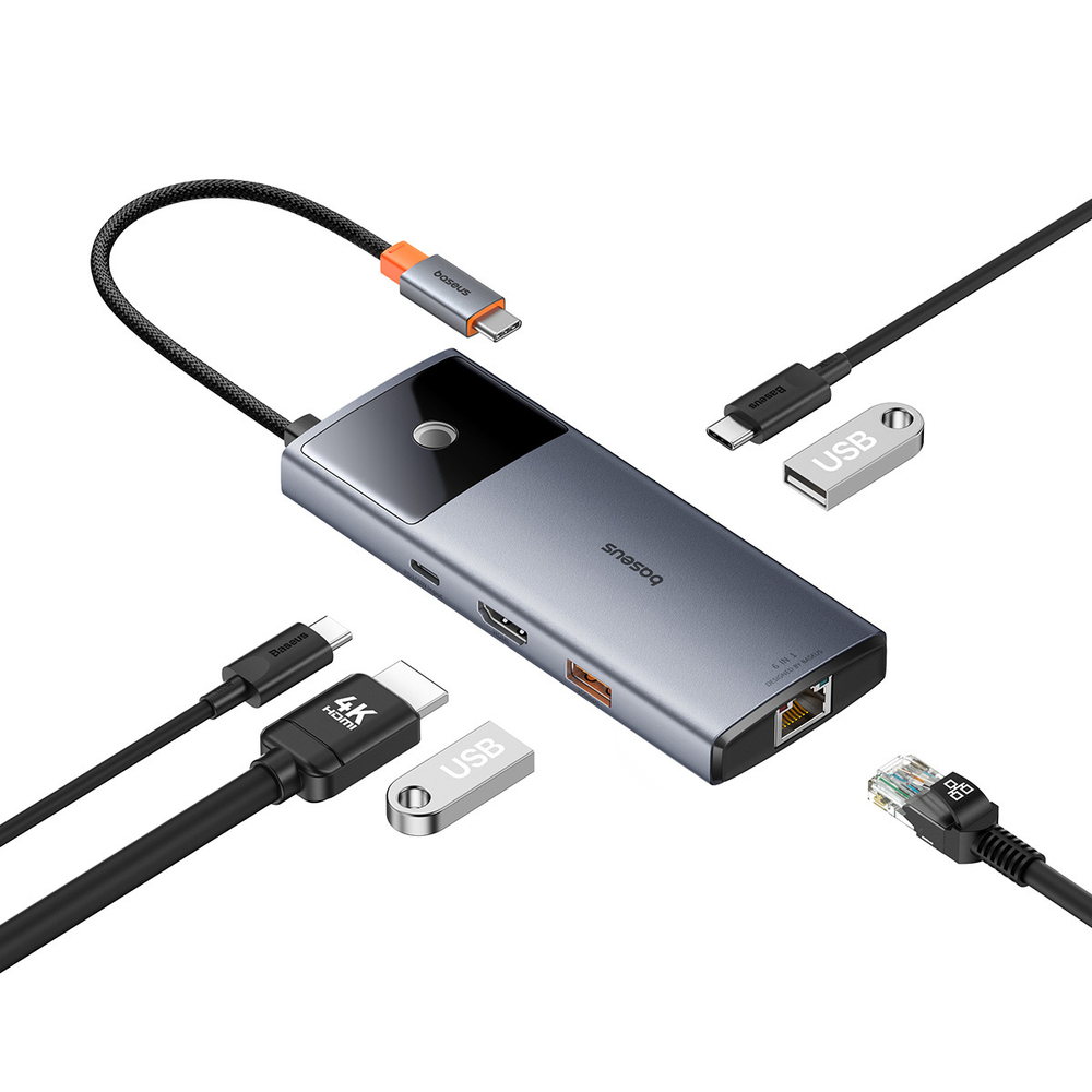 USB-C Хаб Baseus Metal Gleam II 6-in-1 (HDMI4K@60Hz + USB-C3.2(10Gbps) + 2xUSB-A3.2(10Gbps) + RJ45 + USB-C-PD)