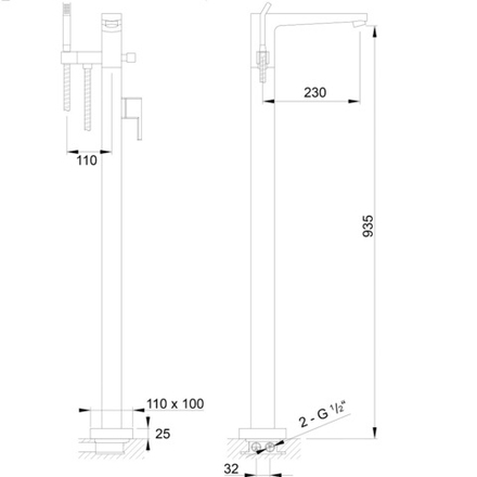 Steinberg Серия 120 Напольный смеситель для ванны c керамическим картриджом, с защитой от обратного потока, с переключателем и ручным душем (cкрытый корпус 1/2“ 020 1162 заказывать отдельно), хром 120 1162