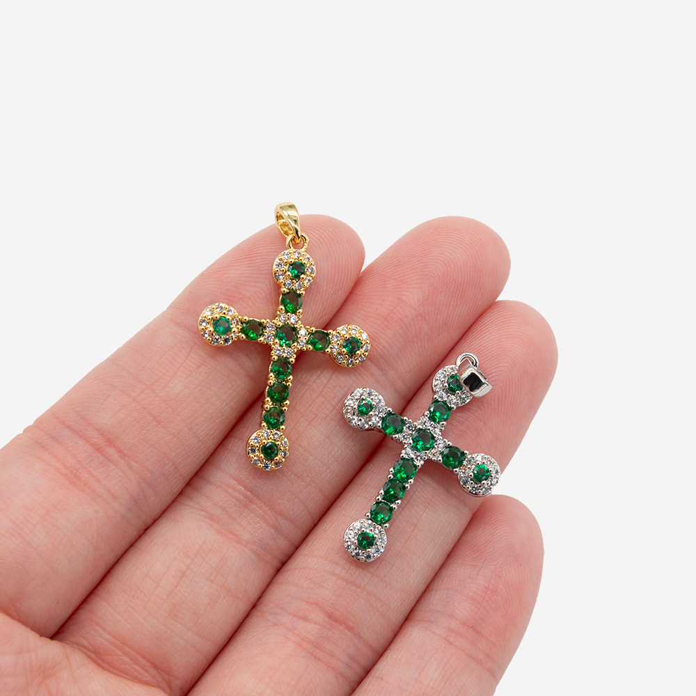 Подвеска "Крестик" с бейлом, зеленые и прозрачные фианиты, родирование, 26,5*19мм