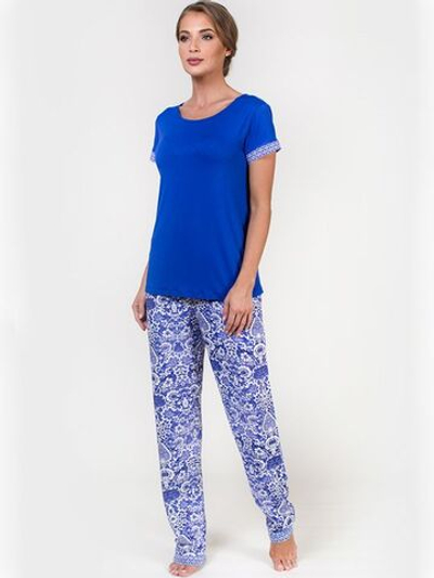 Домашний комплект из вискозы с принтом на брючках (Размер: M) (Цвет: синий)