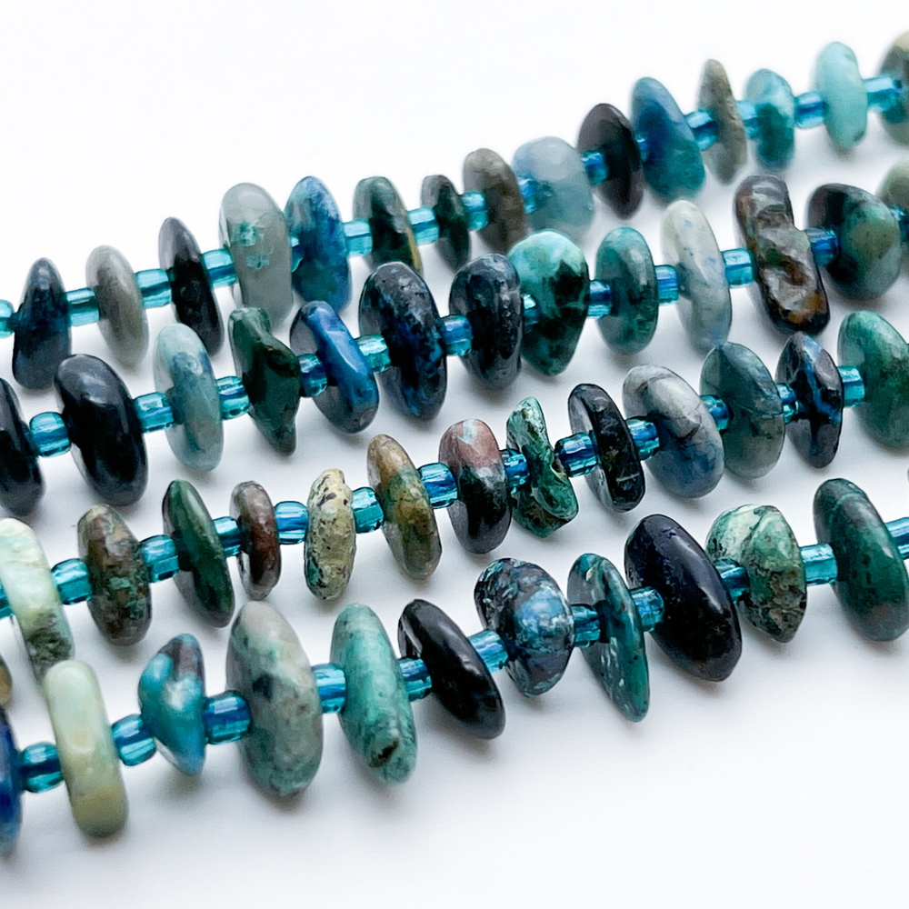 Хризоколла бусины, галтовка, размер около 8,5-11*2-4 мм, цена за отрезок 19 см (1/2 нити)