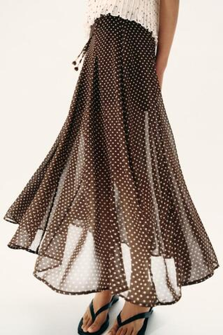 ZARA ЮБКА МИДИ В ГОРОШЕК, КОРИЧНЕВЫЙ/ЭКРЮ