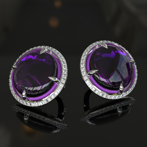 Золотые серьги из белого золота 585 пробы с натуральными аметистами и бриллиантами