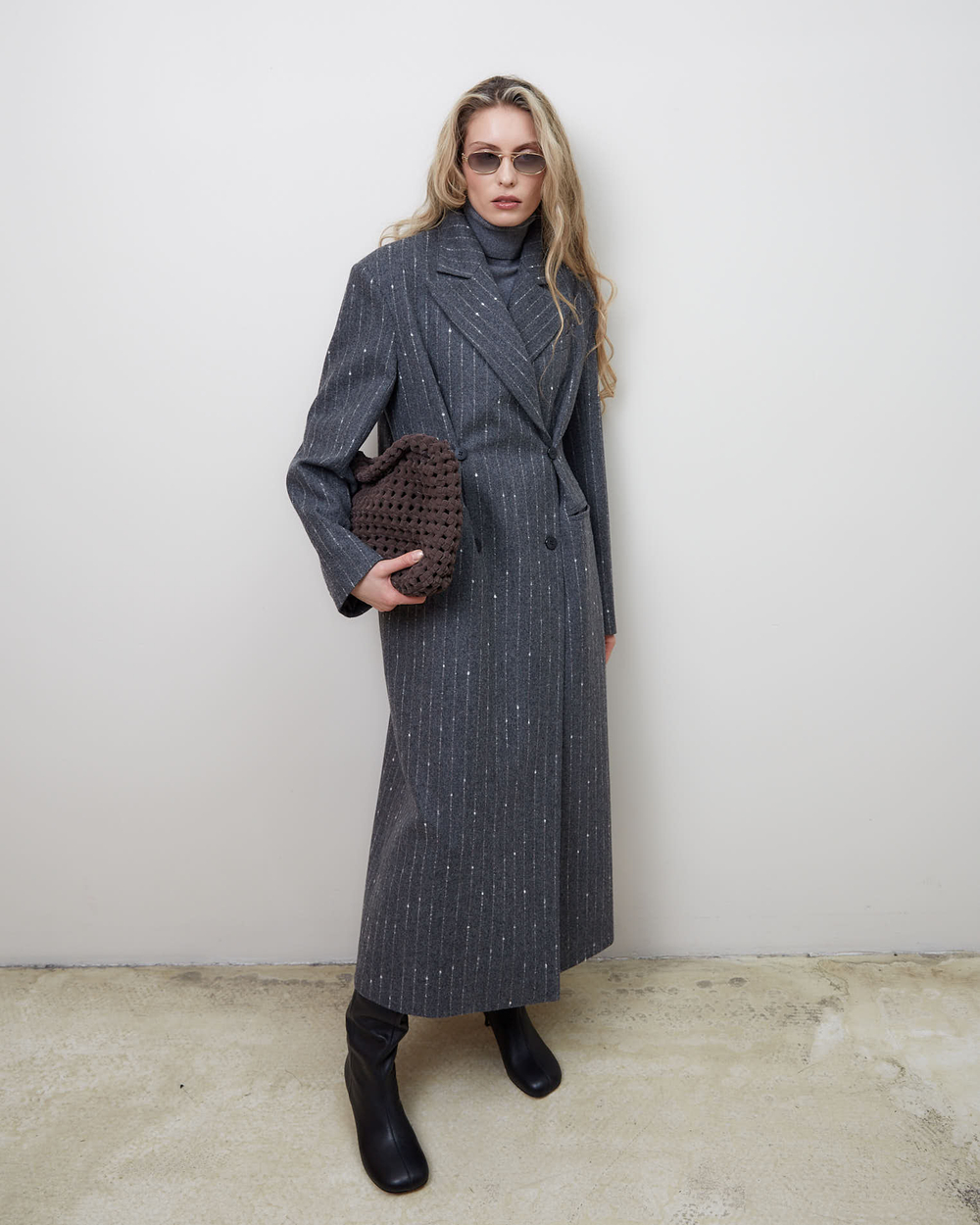 Пальто с дополнительными петлями из шерсти Стелла Маккартни полоска серый