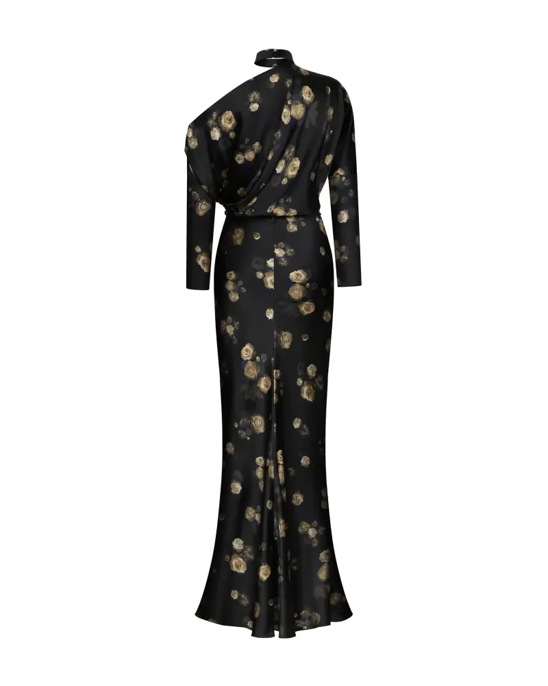 Anika maxi, платье макси из черного атласа с крупным цветочным принтом