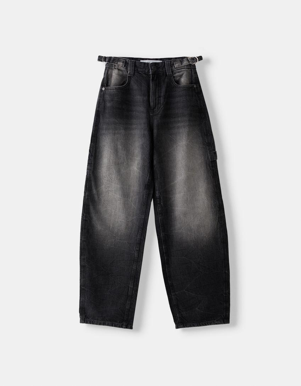 BERSHKA ДЖИНСЫ BALLOON FIT, ЧЕРНЫЙ