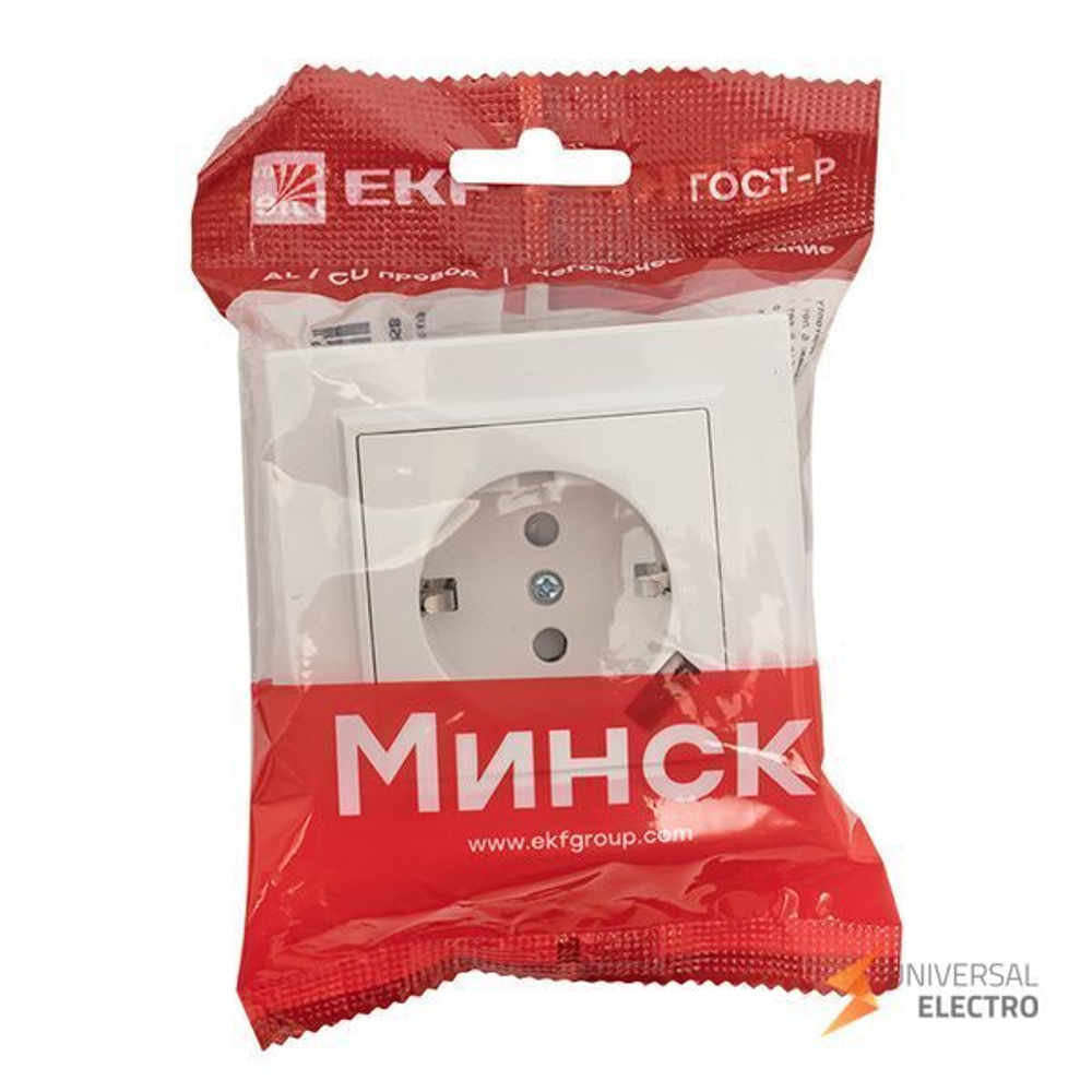 Розетка 1-местная СП с/з Минск 16А белая с защ, штор, с USB 1А EKF