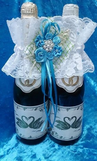 Набор Украшение на шампанское и Подушечка для колец, цвет: бирюзовый, 22см SvetikFantasy отделка может отличаться №3218.672