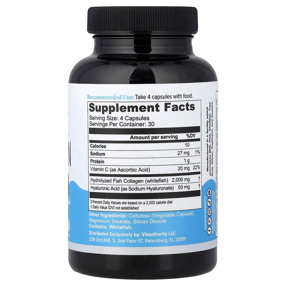Vitauthority, морской коллаген с витамином C и гиалуроновой кислотой, 120 капсул