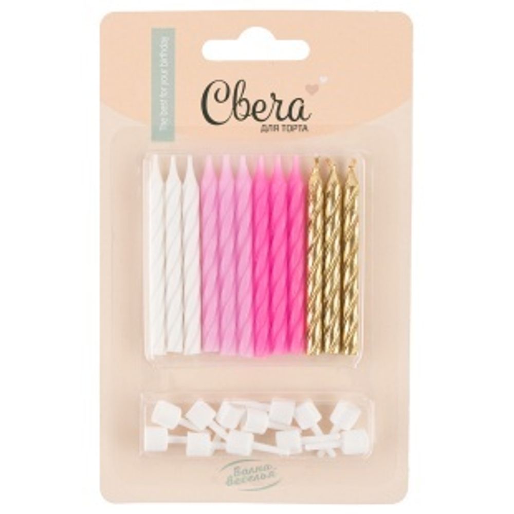 Свечи Розовый микс, Металлик, 6 см, 12 шт. с держат.