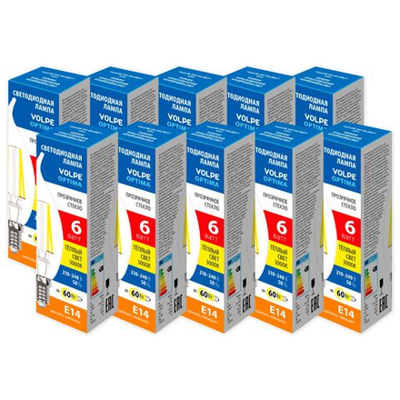 LED-CW35-6W-3000K-E14-CL-SLF Набор из 10штук Лампа светодиодная. Форма свеча на ветру. прозрачная. Серия Optima Филамент. Теплый белый свет 3000К. ТМ Volpe