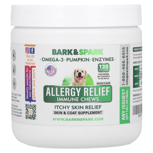 Bark&Spark, Allergy Relief Immune Chews, средство от зуда на коже, для собак, со вкусом бекона, 120 жевательных таблеток, 264 г (9,3 унции)