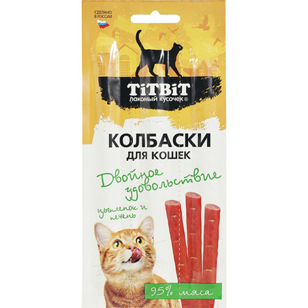 Лакомство для кошек Цыплёнок и печень мясные колбаски для кошек двойное удовольствие, 3шт/уп ТитБит