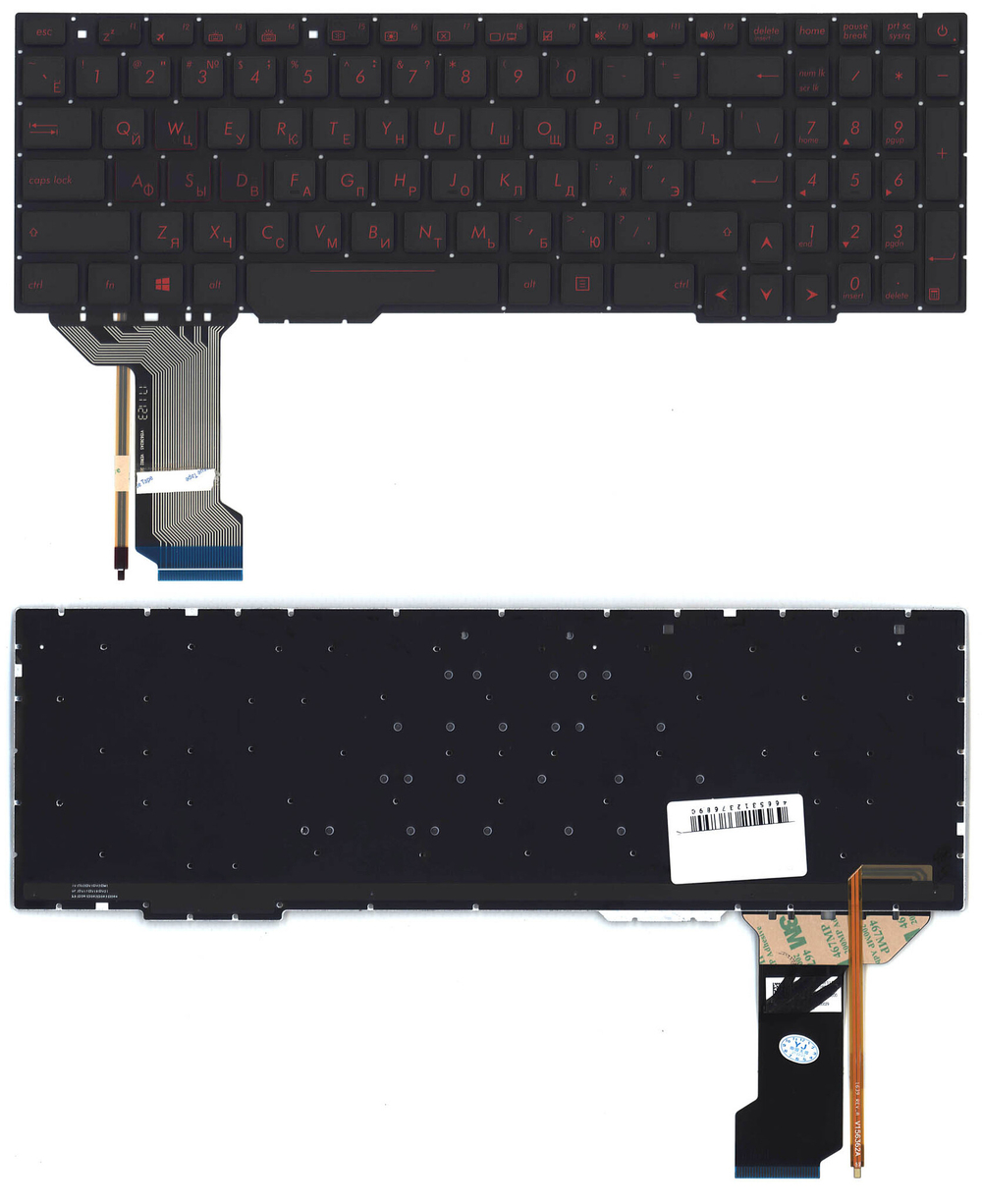 Клавиатура для ноутбука Asus GL753 FX553VD черная с красной подсветкой (узкий шлейф подсветки)