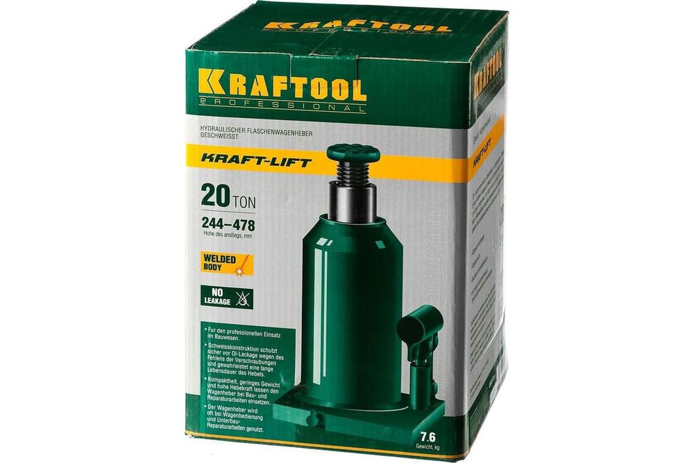 KRAFTOOL  KRAFT-LIFT, 20т 244-478 мм, Бутылочный гидравлический домкрат (43462-20)
