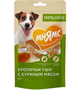Мнямс Лакомство для собак Кроличьи уши с куринным мясом 80гр.