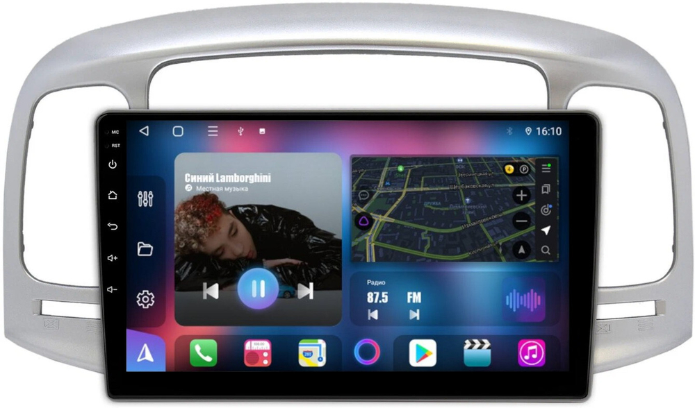 Магнитола для Hyundai Verna 2006-2010 (рамка серебро) - FarCar 3009M монитор 9" QLED на Android 13, 8 ядер (TS18), CarPlay, 4G SIM-слот