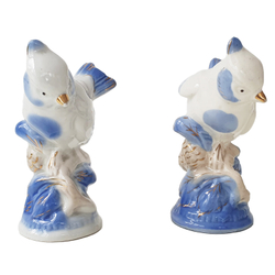 Фарфоровая статуэтка. Синичка. Анималистика. Старая Гжель. Фарфор, позолота, ручная роспись,  СССР.