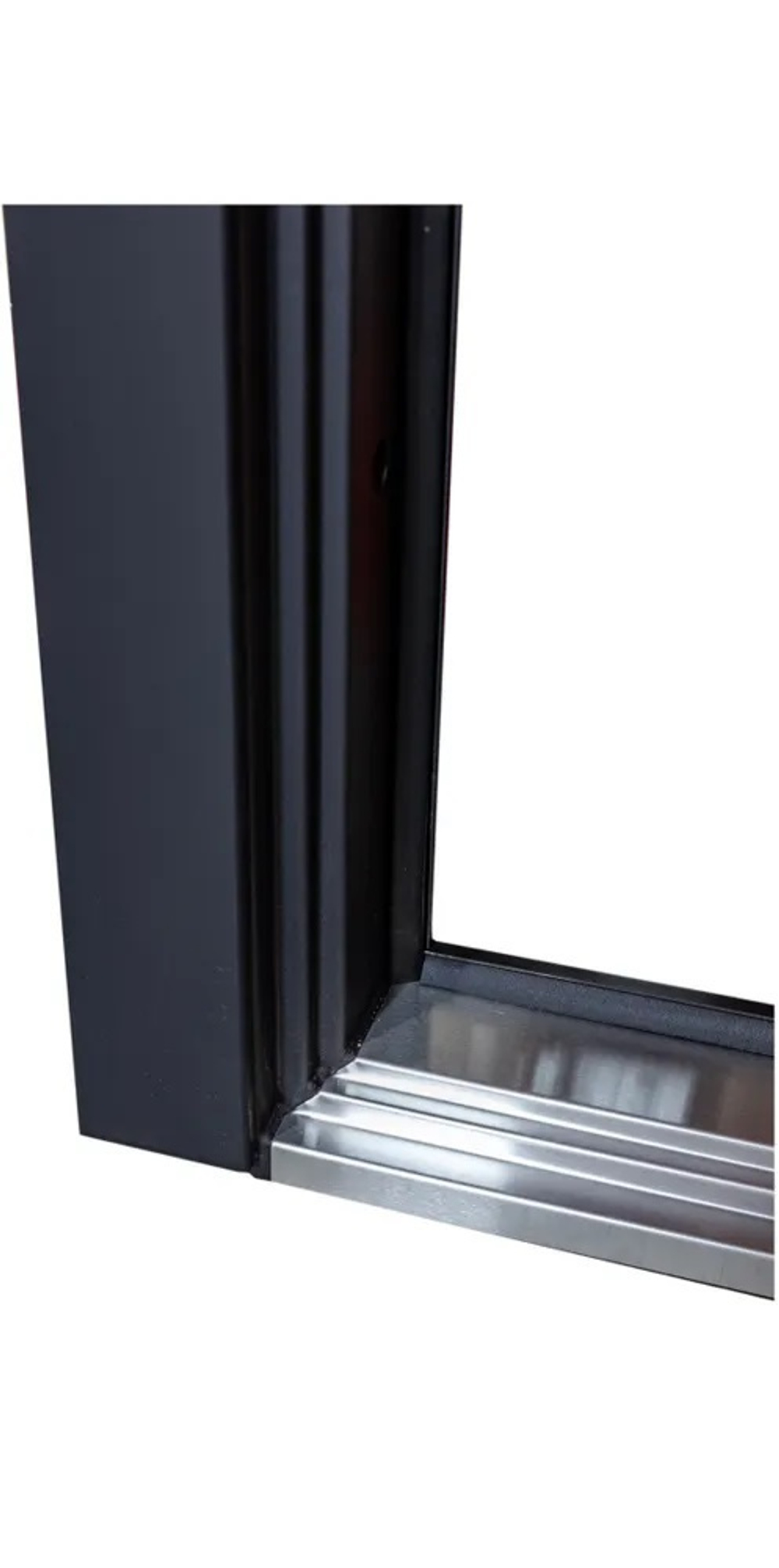 Входная дверь в квартиру с зеркалом STR МХ - 26 Гранит лава оникс, вставка нержавеющая сталь / Большое зеркало М15 Сандал белый