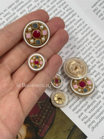 Пуговицы золотистые с розовой и серой эмалью и жемчугом