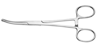 Зажим Kocher кровоостанавливающий, 1х2 зубый, зубчатый, изогнутый, № 1, 150 мм