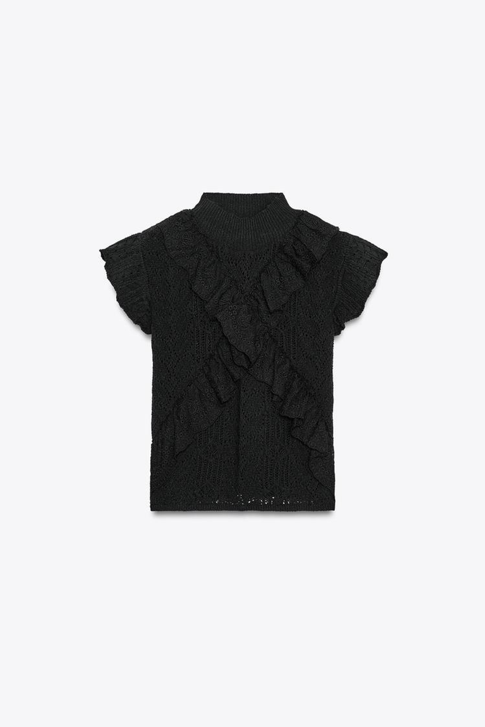 ZARA ТОП ИЗ ТРИКОТАЖА «РИШЕЛЬЕ» С ВОЛАНАМИ, ЧЕРНЫЙ