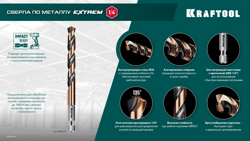 KRAFTOOL НЕХ-1/4″, 10 шт, набор сверл по металлу для винтовёртов и шуруповертов IMPACT READY (29652-H10)
