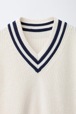 ZARA КОНТРАСТНЫЙ ТРИКОТАЖНЫЙ ЖИЛЕТ, ЭКРЮ/ТЕМНО-СИНИЙ